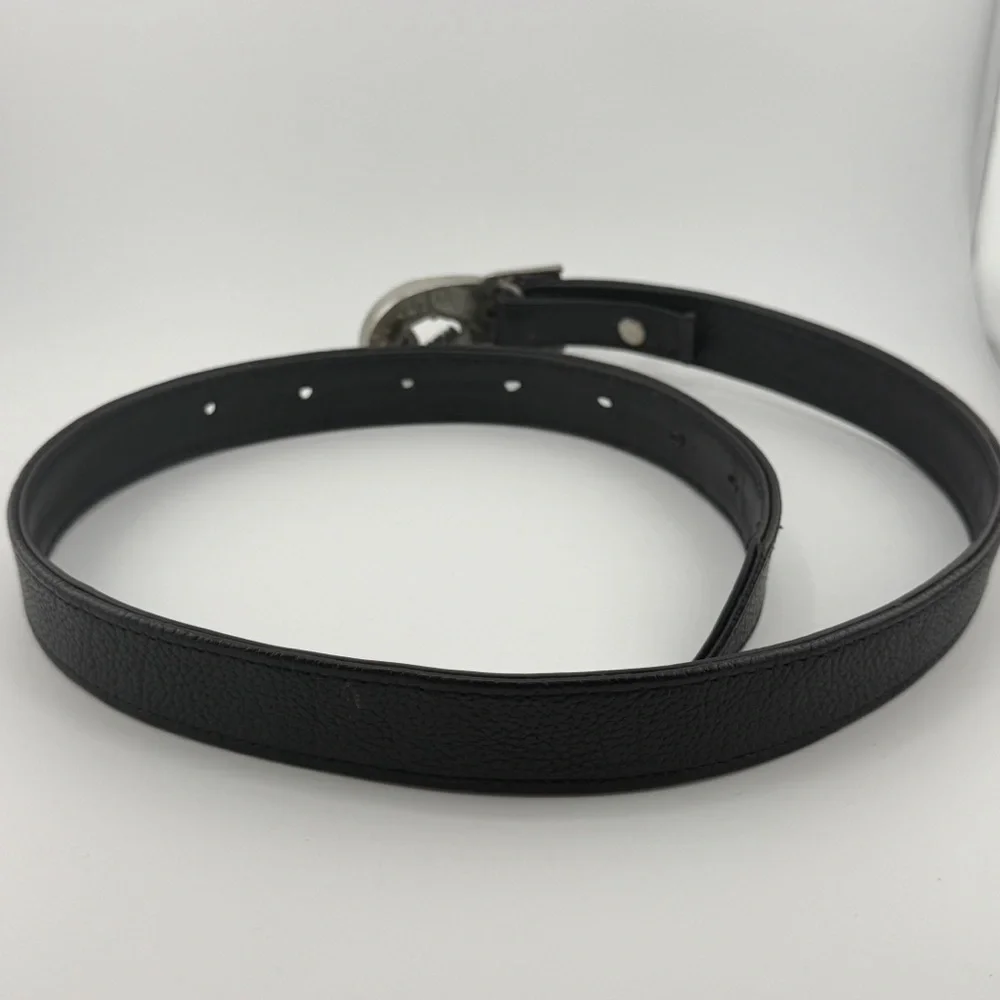 Black Leather Belt Industrial Tool Buckle Silver Hardware Adjustable Waist Belt